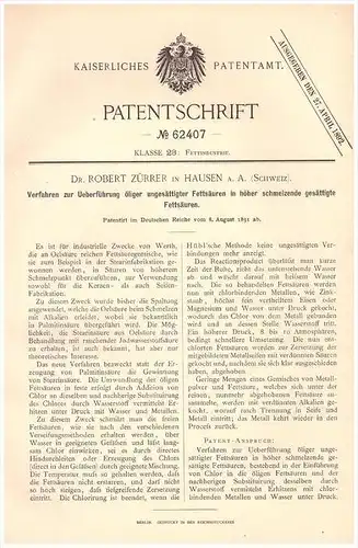 Original Patentschrift - Dr. Robert Zürrer in Hausen a.A. , 1891 , Veränderung von Fettsäuren , Fett , Brugg , Aargau !!