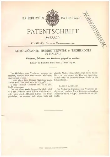 Original Patentschrift - G. Glöckner in Tschirndorf b. Halbau / I&#322;owa , 1885 , Verzinnen von Eisen , Zinn , Lebus !