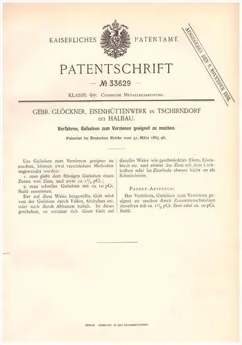 Original Patentschrift - G. Glöckner in Tschirndorf b. Halbau / Iłowa , 1885 , Verzinnen von Eisen , Zinn , Lebus !