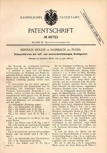 Original Patentschrift - H. Möller in Haimbach b. Fulda , 1888 , wasserdurchlässige Scheuerbürsten , Bürsten , Bürste !!