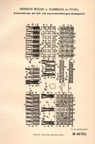 Original Patentschrift - H. Möller in Haimbach b. Fulda , 1888 , wasserdurchlässige Scheuerbürsten , Bürsten , Bürste !!