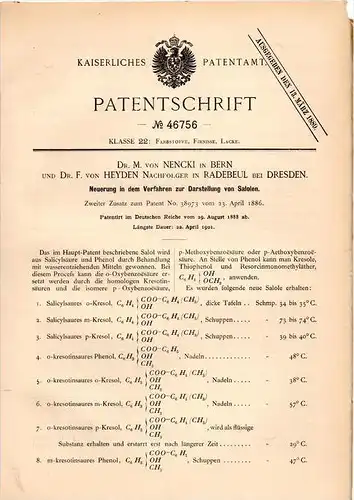 Original Patentschrift - Dr. M. von Nencki in Bern , 1888, Darstellung von Salolen , Chemie , Dr. von Heyden , Radebeul