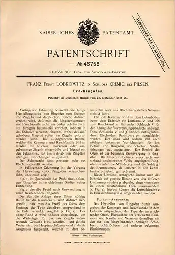 Original Patentschrift - Franz Fürst Lobkowitz in Schloss Krimic b. Pilsen / Plzen , 1888 , Ringofen , Lobkowicz !!  !!!