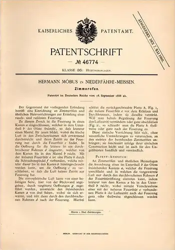 Original Patentschrift - H. Möbus in Niederfähre - Meißen , 1888 , Zimmerofen , Ofen , Heizungsbau , Heizung !!!