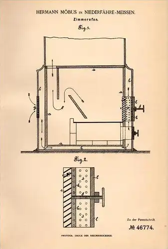 Original Patentschrift - H. Möbus in Niederfähre - Meißen , 1888 , Zimmerofen , Ofen , Heizungsbau , Heizung !!!