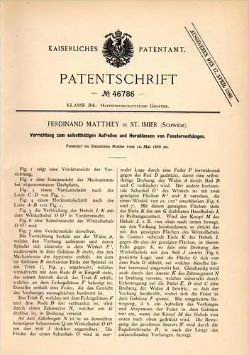 Original Patentschrift - F. Matthey in Saint Imier , 1888 , Apparat für Vorhänge , Fenster , Gardinen !!!
