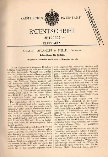 Original Patentschrift - A. Dyckhoff in Melle b. Hannover , 1900 , Aufzuchthaus für Geflügel , Tierzucht , Stall !!!