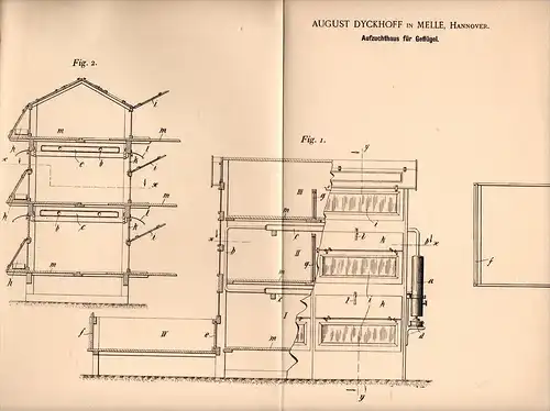 Original Patentschrift - A. Dyckhoff in Melle b. Hannover , 1900 , Aufzuchthaus für Geflügel , Tierzucht , Stall !!!