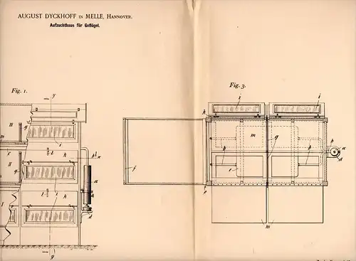 Original Patentschrift - A. Dyckhoff in Melle b. Hannover , 1900 , Aufzuchthaus für Geflügel , Tierzucht , Stall !!!