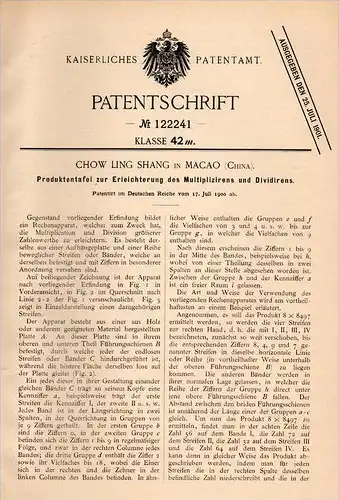 Original Patentschrift - Ch. Shang in Macao , China , 1900 , Tafel zum leichteren Rechnen , Mathematik , Schule , Chine