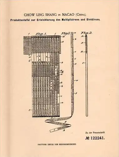 Original Patentschrift - Ch. Shang in Macao , China , 1900 , Tafel zum leichteren Rechnen , Mathematik , Schule , Chine