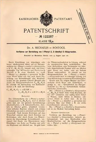 Original Patentschrift - Dr. A. Michaelis in Rostock i. Meckl., 1900 , Darstellung von I-Phenyl-2 , Chemie , Labor !!!