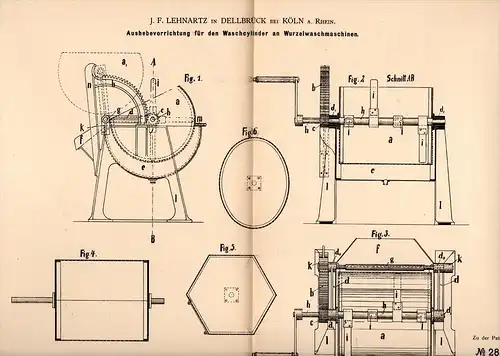 Original Patentschrift - J.F. Lehnartz in Dellbrück b. Köln , 1883 , Apparat für Wurzelwaschmaschinen , Zuckerfabrik !!!
