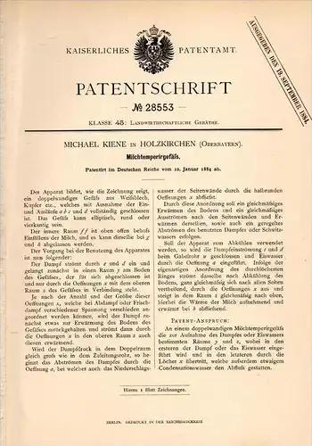 Original Patentschrift - M. Kiene in Holzkirchen , 1884 , Milch - Temperirgefäß , Landwirtschaft , Molkerei !!!