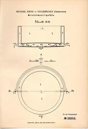 Original Patentschrift - M. Kiene in Holzkirchen , 1884 , Milch - Temperirgefäß , Landwirtschaft , Molkerei !!!