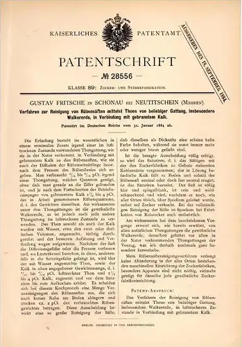 Original Patentschrift -G. Fritsche in Schönau b. Neu Titschein ,1884 ,Reinigung von Rübensaft , Senov b. Nový Jiči