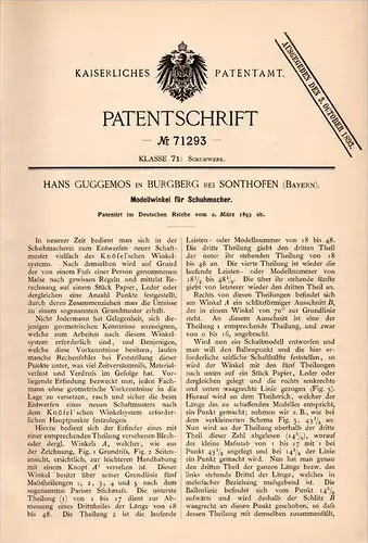 Original Patentschrift - Hans Guggemos in Burgberg b. Sonthofen , 1893 , Schuhmacher - Modellwinkel , Modell , Schuhe !!