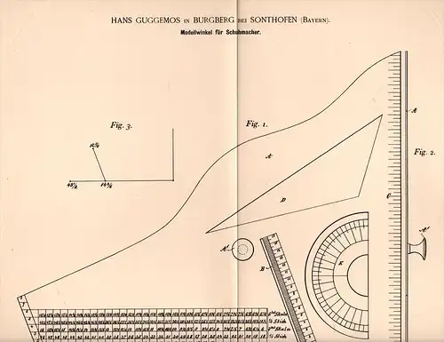 Original Patentschrift - Hans Guggemos in Burgberg b. Sonthofen , 1893 , Schuhmacher - Modellwinkel , Modell , Schuhe !!