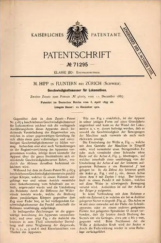 Original Patentschrift - M. Hipp in Fluntern b. Zürich , 1893 , Geschwindigkeitsmesser für Lokomotive , Eisenbahn , Lok