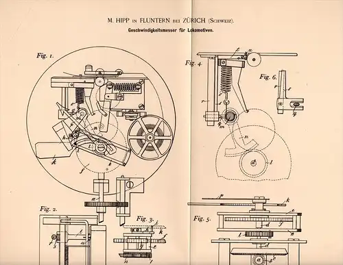 Original Patentschrift - M. Hipp in Fluntern b. Zürich , 1893 , Geschwindigkeitsmesser für Lokomotive , Eisenbahn , Lok