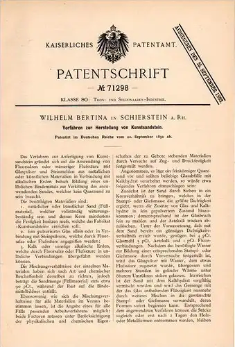 Original Patentschrift - W. Bertina in Schierstein b. Wiesbaden , 1892 , Herstellung von Kunst - Sandstein !!!