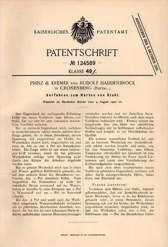 Original Patentschrift - Prinz & Kremer in Cronenberg i. Rheinland ,1900, Härten von Stahl ,R. Haddenbrock , Lauterecken