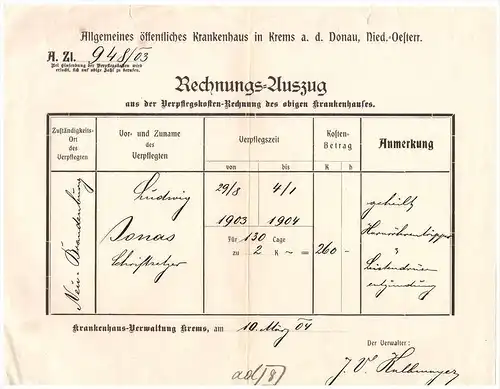 uraltes Dokument - Krems a.d. Donau 1904 , Krankenhaus , Arzt , Klinik , Nieder - Österreich !!!