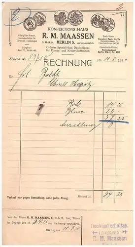 uralte Rechnung 1910 - R. Maassen in Berlin , Konfektionshaus , Mode , Kleider  !!!