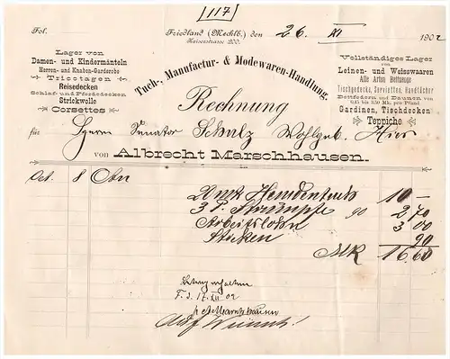 uralte Rechnung 1902 - A. Marschhausen in Friedland , Tuchmanufactur & Modewaren , Mode , Mecklenburg !!!