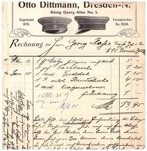 uralte Rechnung 1907 - Militär - Effekten und Mützenfabrik O. Dittmann in Dresden !!!