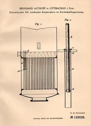 Original Patentschrift - B. Althoff in Ottmachau / Otmuchów , Schlesien , 1901 , Rohr für Verdampferanlage !!!