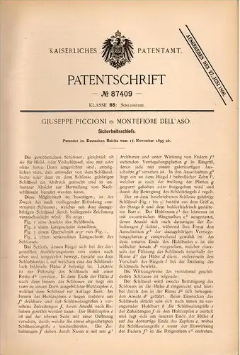 Original Patentschrift - G. Piccioni in Montefiore dell`Aso , 1895 , Serratura di sicurezza, fabbro, furto con scasso !!