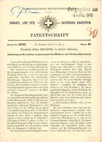 Original Patentschrift - F.J. Dischner in Zürich , 1905 , photographische Bildnisse , Photographie , Fotografie !!!