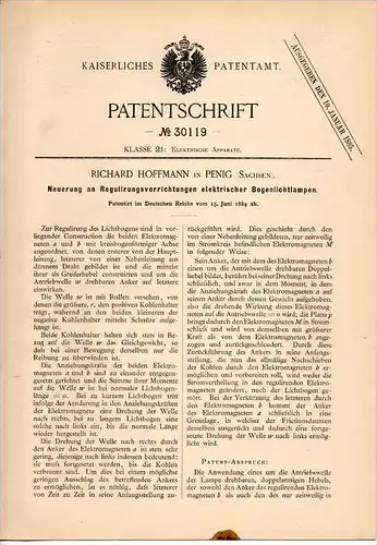 Original Patentschrift - R. Hoffmann in Penig i. Sa., 1884 , elektrische Bogenlampe - Regulierung , Lampe !!!