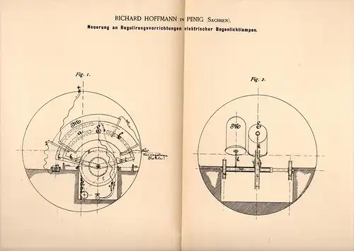Original Patentschrift - R. Hoffmann in Penig i. Sa., 1884 , elektrische Bogenlampe - Regulierung , Lampe !!!