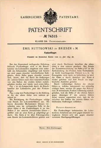 Original Patentschrift - E. Ruttkowski in Briesen / Mark ,1891, Lokomotive - Funkenfänger , Lok , Eisenbahn , Locomotive