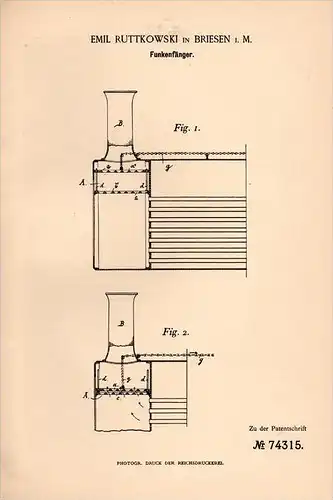 Original Patentschrift - E. Ruttkowski in Briesen / Mark ,1891, Lokomotive - Funkenfänger , Lok , Eisenbahn , Locomotive