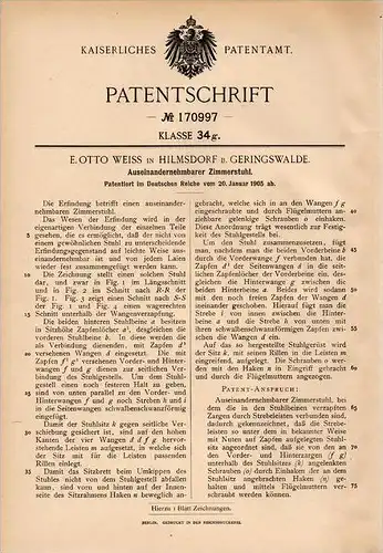Original Patentschrift - Otto Weiss in Hilmsdorf b. Geringswalde , 1905 , auseinandernehmbarer Stuhl , Möbel , Schreiner