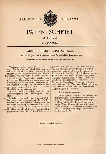 Original Patentschrift -A. Brenez in Gouy lez Piéton ,1905, Apparat für Schacht , Bergbau , Aufzug , Courcelles  !!!