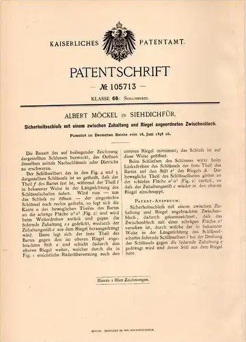 Original Patentschrift -A. Möckel in Siehdichfür b. Grünbach ,1898, Sicherheitsschloß , Tür , Fensterbau Schlüsseldienst