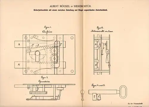 Original Patentschrift -A. Möckel in Siehdichfür b. Grünbach ,1898, Sicherheitsschloß , Tür , Fensterbau Schlüsseldienst