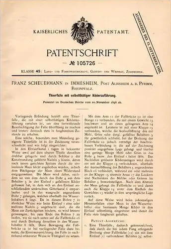Original Patentschrift - F. Scheuermann in Immesheim b. Göllheim ,1898, Tierfalle mit Köderzufuhr , Albisheim , Jagd !!!