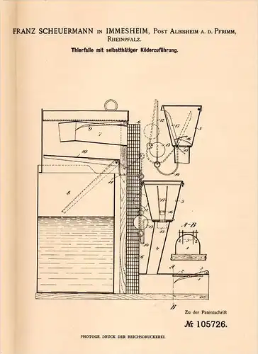 Original Patentschrift - F. Scheuermann in Immesheim b. Göllheim ,1898, Tierfalle mit Köderzufuhr , Albisheim , Jagd !!!