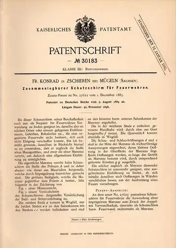 Original Patentschrift - Fr. Konrad in Zschieren b. Mügeln , 1884 , Feuerwehr - Schutzschirm , Feuer , Rettung , Dresden