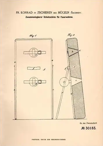 Original Patentschrift - Fr. Konrad in Zschieren b. Mügeln , 1884 , Feuerwehr - Schutzschirm , Feuer , Rettung , Dresden