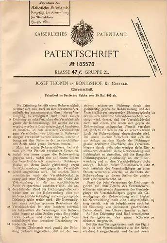 Original Patentschrift - J. Thoren in Königshof , Kr. Krefeld , 1905 , Rohrverschluß , Metallbau , Rohre !!!