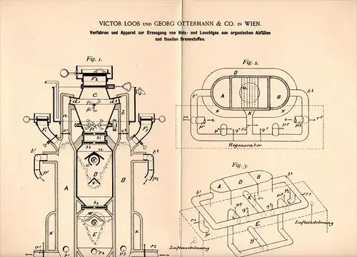 Original Patentschrift - V. Loos und G. Ottermann in Wien , 1898 , Leucht- und Heizgasherstellung , fossile Brennstoffe