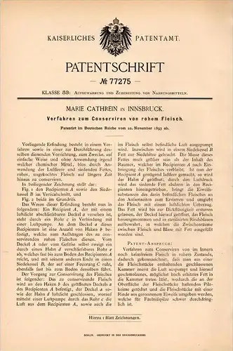 Original Patentschrift - M. Cathrein in Innsbruck , 1893 , Conservierung von rohem Fleisch , Fleischerei , Metzger !!!