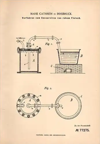 Original Patentschrift - M. Cathrein in Innsbruck , 1893 , Conservierung von rohem Fleisch , Fleischerei , Metzger !!!