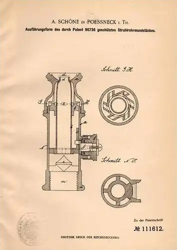 Original Patentschrift - A. Schöne in Pößneck i.Th., 1899 , Strahlrohr , Feuerwehr , Brand , Löschung , Feuer !!!